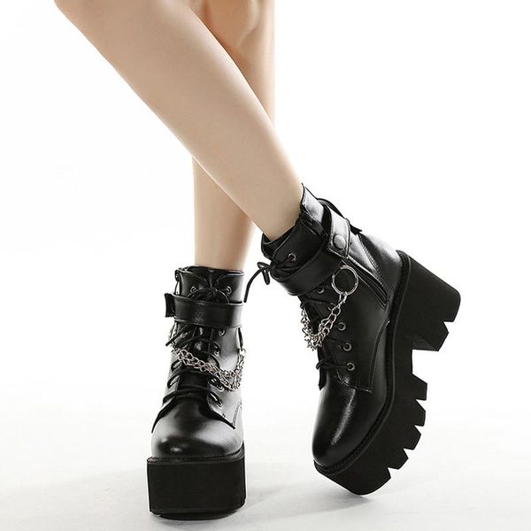 

boots gothic punk ladies casual autumn chain block high heels outdoor black shoes fashion female footwear plus size