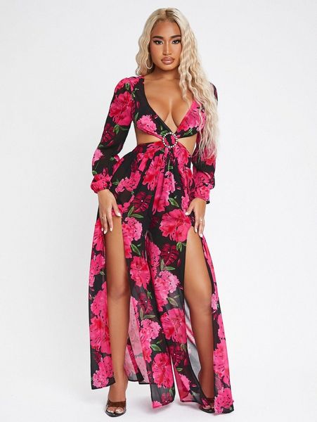 

sxy floral tie back split thigh jumpsuit t4yv#, White