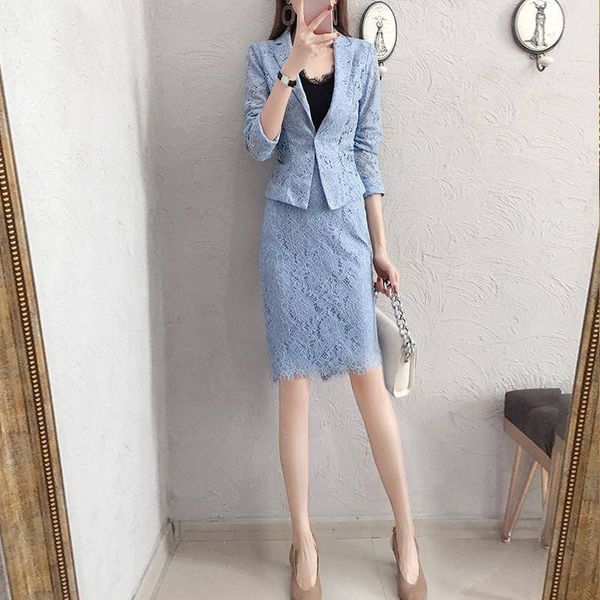 

2021 new spring fashion women clothes ol 2 two pieces set ladies formal blazer jacket + skirt suits ensemble femme vintage lace sets 445e21, Black;gray