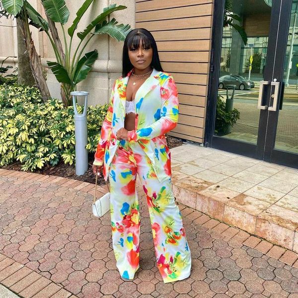 

women's two piece pants plsw fashion flower printed sets office women long sleeve blazer coat and loose streight trouser, White