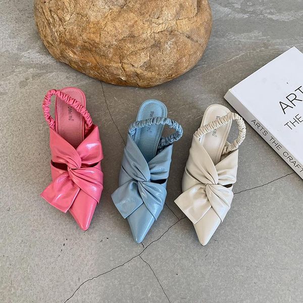 

sandals sweet bow-knot cover toe women pointed thick heels summer shoes woman slippers two ways elastic band sandalias 2021, Black