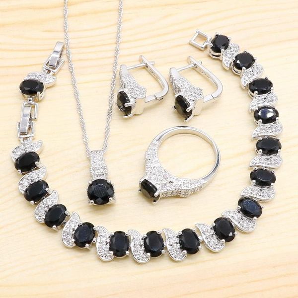 

wedding jewelry sets balck white yellow rainbow 925 silver women pendant necklace earrings bracelet ring bridal, Slivery;golden