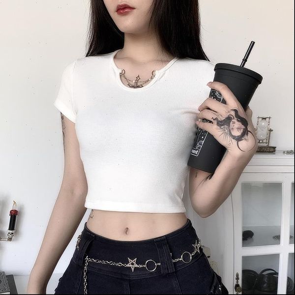 

european and american foreign trade 2021 summer new short sleeved slim shirt womens o neck short chest cutout t shirt, White