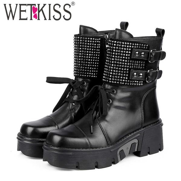 

wetkiss ankle boots genuine leather shoes woman street style wedges booties platform square toe shoes metal motorcycle boot lace 210630, Black