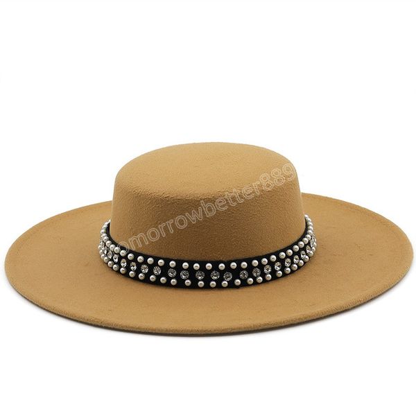 Grande Brim Grande Faux Wool Boater Flat Top Chapéu Fedora com Rebite Pérolas Preto Branco Partido Panamá Trilby Cowboy Cap