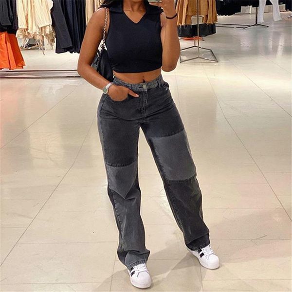 

dewadbow fashion patchwork skinny straight women jeans high waist pocket color block street long grey denim pants, Blue