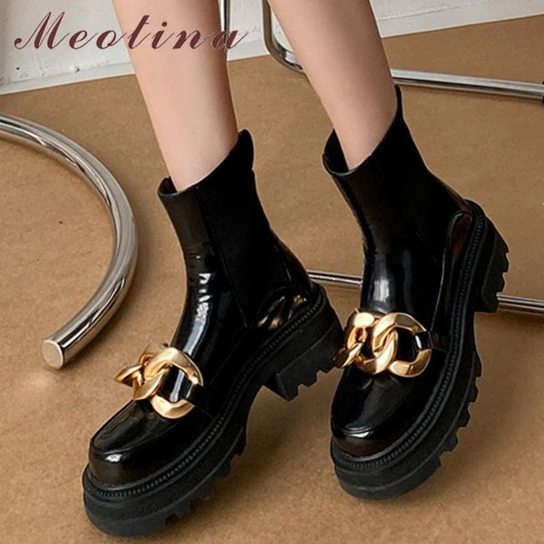 

boots meotina women shoes genuine leather ankle chain platform thick heel med round toe ladies short autumn 40, Black