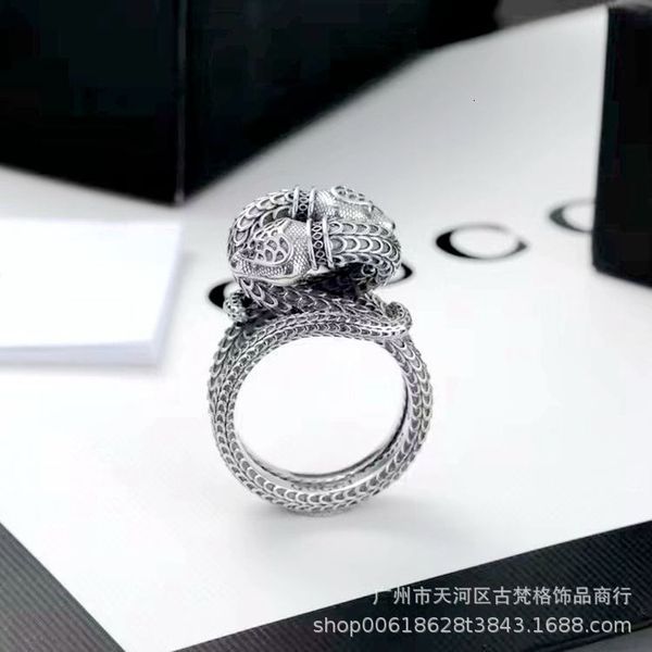 

ring ancient family double snake head winding s925 silver old carved pattern trend male and female couple