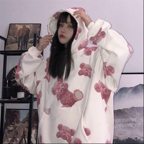 

harajuku bear printed hooded hoodie loose long sleeve ulzzang hoodie streetwear females cute animal print hoodie funny girl, Black