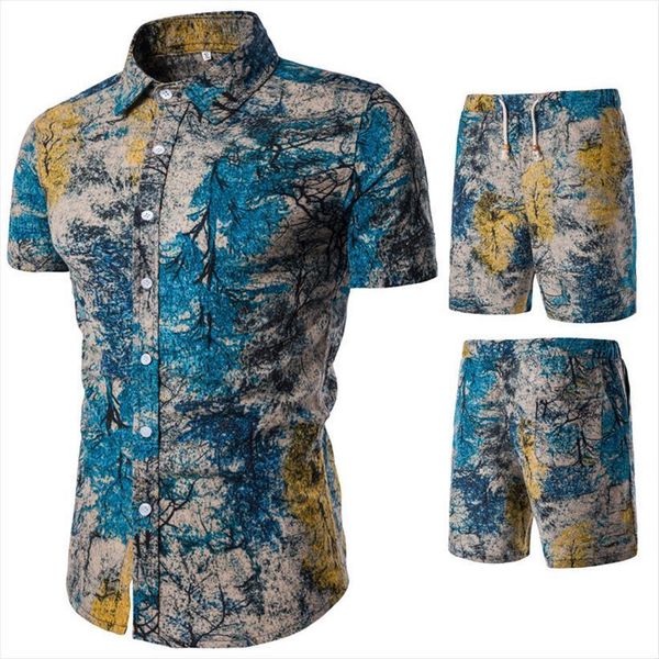 

summer many kinds of printing mens tracksuits slim casual shirt suit with short sleeves, Gray