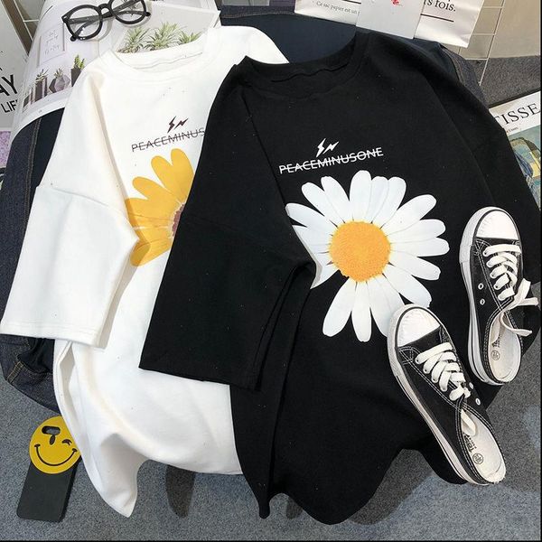 

summer korea fashion women short sleeve loose o neck t shirt daisy print casual tee shirt femme 100% cotton plus size, White
