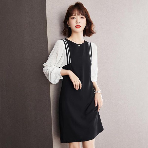 

casual dresses high-quality dress 2021 autumn long-sleeved patchwork loose and thin retro shirt fashionable women's clothing, Black;gray