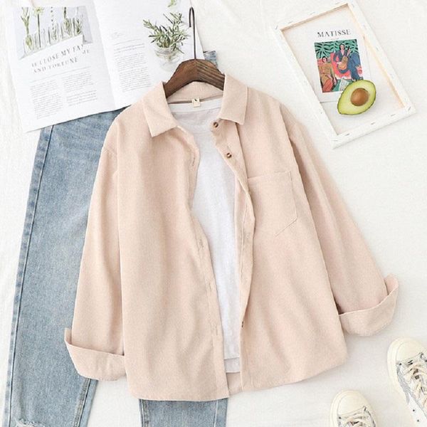 

korean casual corduroy shirts womens lapel spring autumn warm thick blouse office work leisure cardigan shirts blusas mujer, White