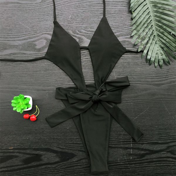 

bikini 2019 solid color sling adjustable hollow front opening bow bikinis feminino swimwear women biquini monokini swimsuit, Black