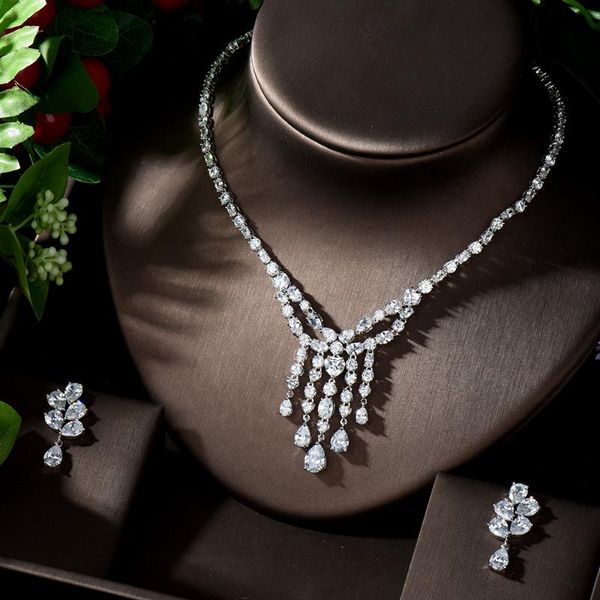 

Earrings & Necklace HIBRIDE 2pcs Geometric Design And Earring Set Women Bridal CZ Jewelry Bijoux Femme Party Gifts N-1278, Silver