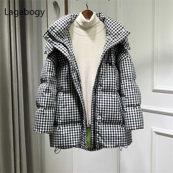 

lagabogy winter coat women hooded black white plaid puffer jacket 90% white duck down parkas thick warm loose outwear 211126