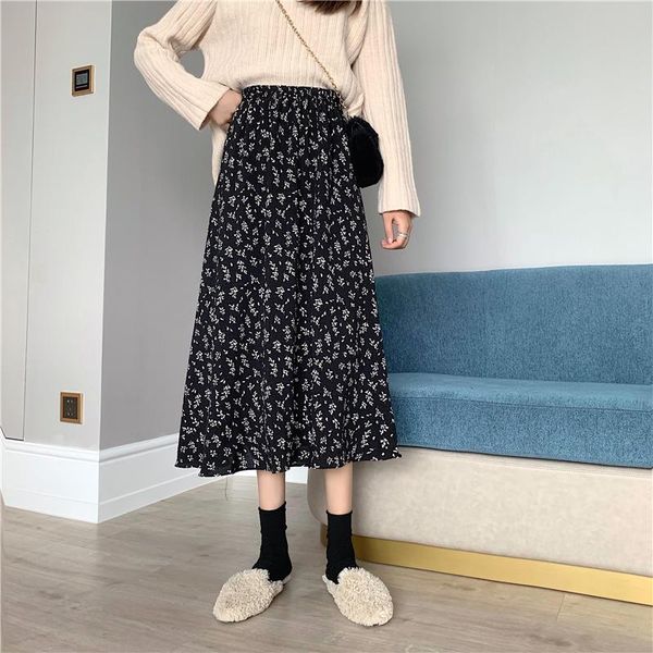 

skirts 2021 style black floral a-line skirt printed female high waist mid-length spring sweet ladies holiday