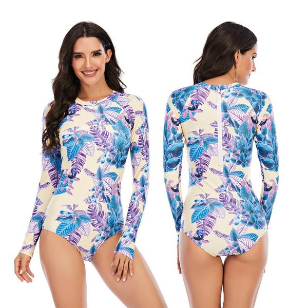 

new printed purple leaf pattern long sleeve back zipper swimwear women