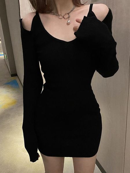 

casual dresses pure black temperament v-neck women's dress, strapless slim fit, spring and autumn sling knitted hip dress, Black;gray