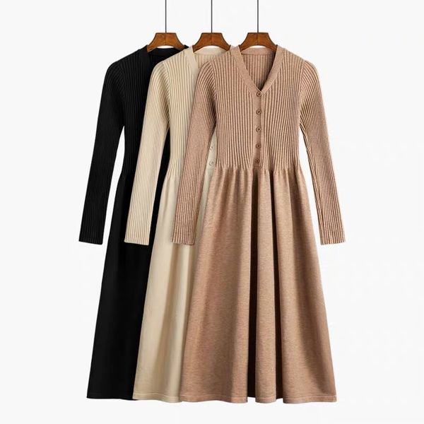 

2021 new autumn winter knit long women casual v-neck slim bodycon robe sweater es office lady thick maix c5ay, Black;gray