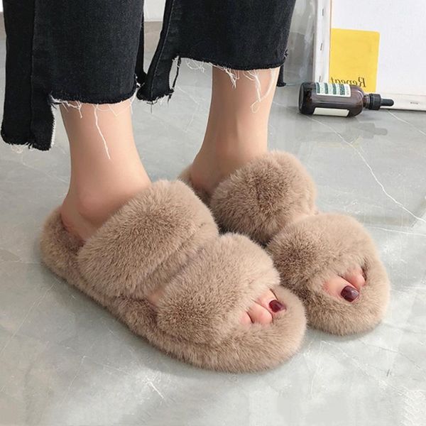 

slippers home women fur fashion faux warm indoor ladies shoes furry flats slip-on slides beige, Black
