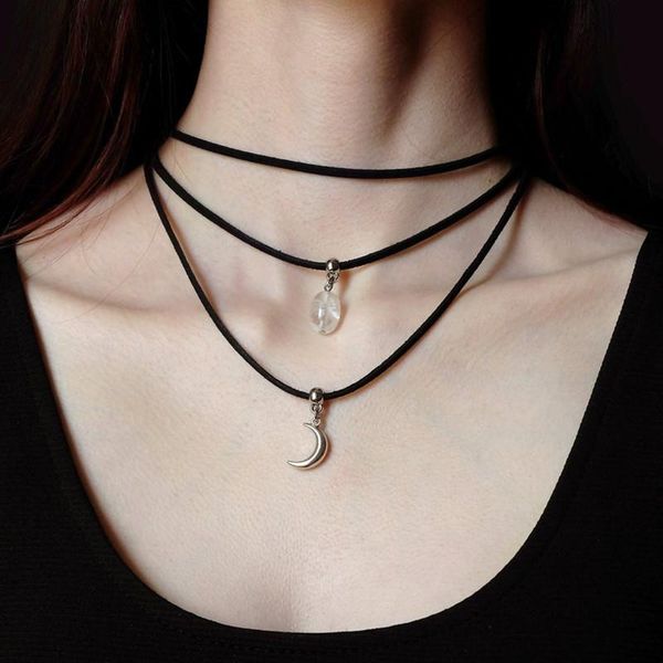 

chains clear quartz necklace, crescent moon charm, witch witchy jewelry, stone, 3 strands, Silver
