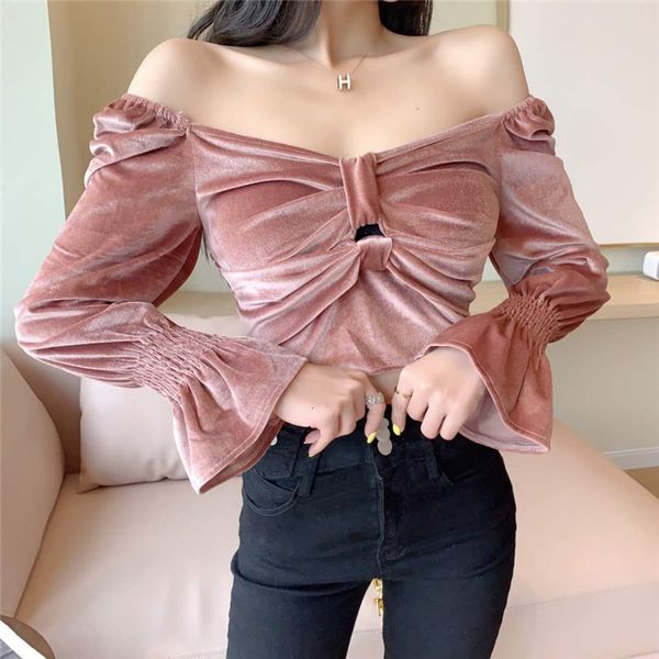 

2021 korean solid color long-sleeve bow all-match slimm gold burned silk sleeves slash female shirt #163 dt9h, White