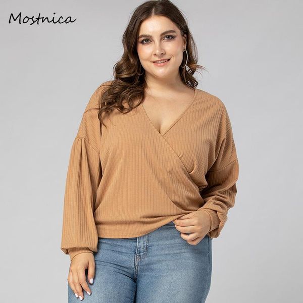 

mosntica plus size spring deep v neck knitted wrap blouse women casual drop shoulder lantern sleeves loose woman blouses, White