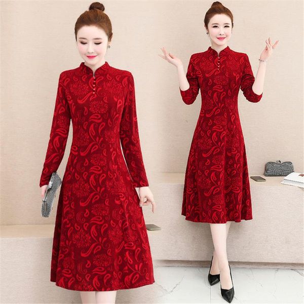 

casual dresses high-end jacquard fabric 2021 autumn and winter chinese style cheongsam, waist covering, large size long cheongsam dress, Black;gray
