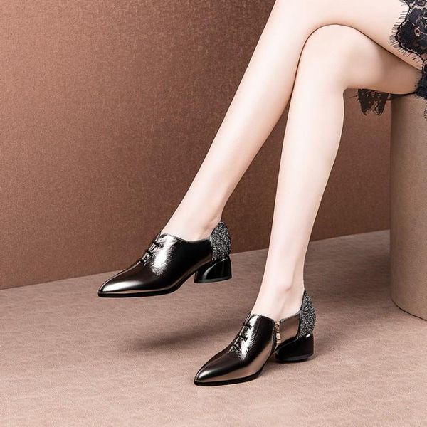 

dress shoes mljuese 2021 women pumps autumn spring soft cow leather gun color pointed toe zippers high heels lady party size 42, Black