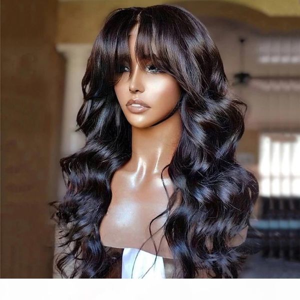 

peruvian wavy lace front human hair wigs with baby hair full lace wig with bangs for black women natural hairline bleached knots, Black;brown