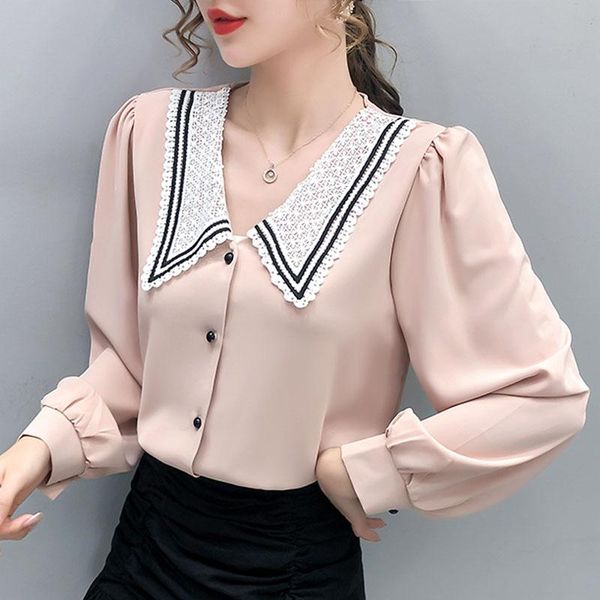 

women's blouses & shirts elegant turn down collar women shirt long sleeve 2021 autumn patchwork white lace blouse blusa