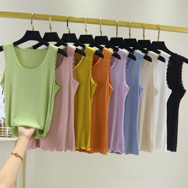 

women's tanks & camis ribbed lace patchwork tank for women 2021 black summer vest sleeveless camisole o-neck slim and tees ladies, White