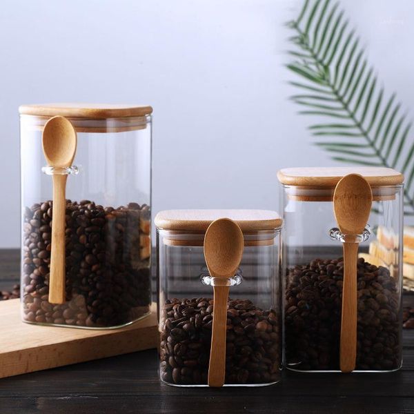 

storage bottles & jars japanese style square glass sealed jar coffee bean household milk powder tea with wooden spoon spice box