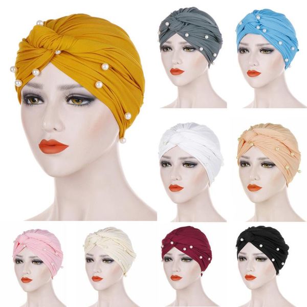 

beanies cotton solid folds pearl muslim turban scarf women islamic inner hijab caps arab wrap head femme musulman turbante mujer #t1p