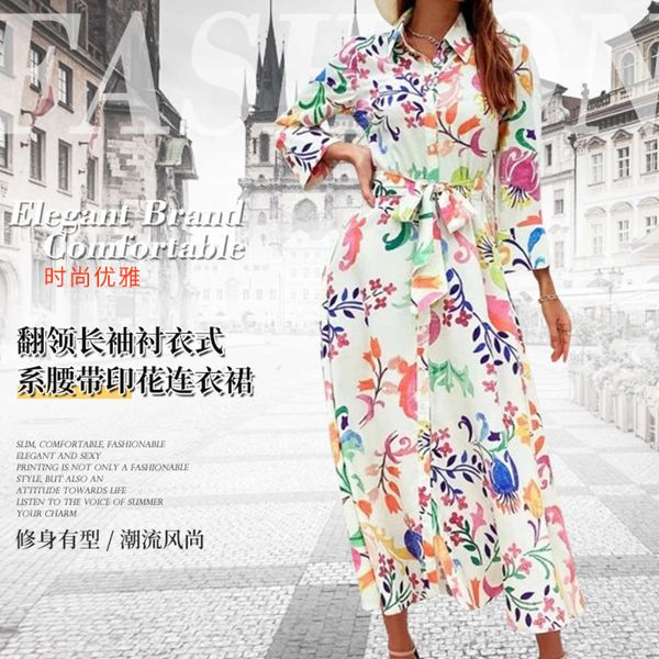 

lapel long sleeve shirt waistband printed medium length, White;black