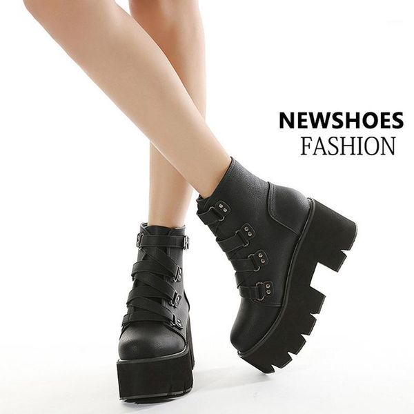 

boots nouc autumn ankle chucky women platform rubber sole buckle black leather pu high heels shoes woman comfortable1
