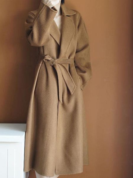 

women's wool & blends 2021 autumn winter boutique water ripple women woolen coat turn-down collar long sleevve overcoat double-sided ca, Black