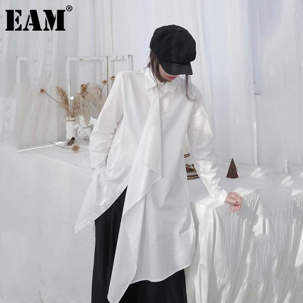 

eam] women white irregular split big size blouse new lapel long sleeve loose fit shirt fashion tide spring autumn 2021 1db363