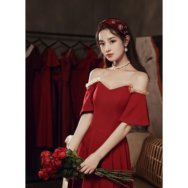 

toast clothes bride 2021 new xianqi wedding wine red dress can wear summer atmospheric long sleeves at ordinary times, White;black