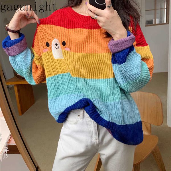 

gaganight cute bear women sweater autumn winter rainbow strip pullover long sleeve o neck embroidery loose jumper pull femme s20210106, White;black