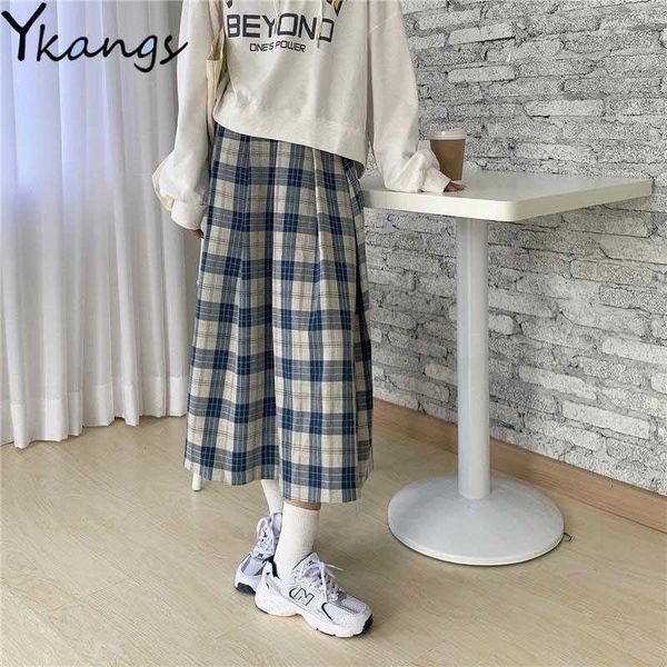 

vintage spring pleated plaid skirt harajuku women high waist long skirt korean fashion autumn clothing students midi faldas 210619, Black