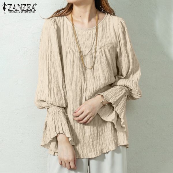 

new zanzea women spring long flare sleeve shirt 2021 elegant pleated casual solid blouse loose ol work blusas chemise s-5xl 7 kxkg, White;black