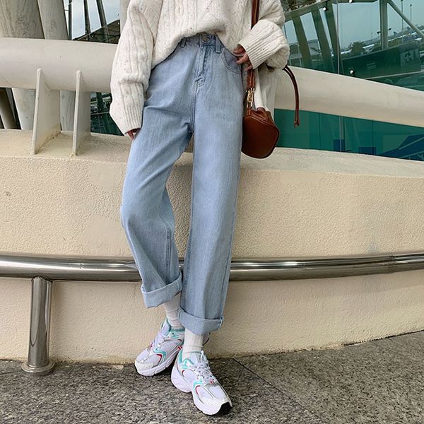 

2021 new s-xl loose women high wiast wide leg jeans streetwear trousers casual light blue denim pants womens (78576 tda4
