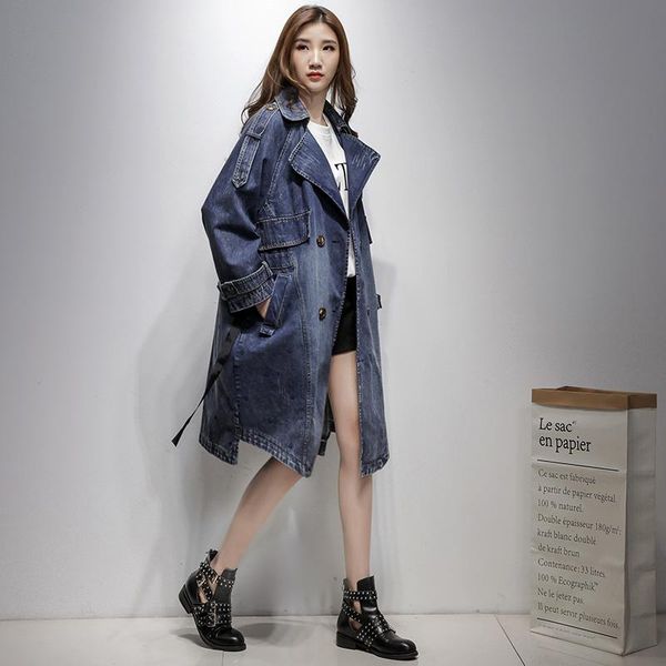

women's trench coats -6xl size plus autumn denim jacket for women lapel loose coat female 2021 high-end spring windbreaker outerwear, Tan;black