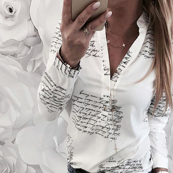 

spring shirt women v neck letters printing button long sleeve blusas feminina elegant ladies formal office blouse, White