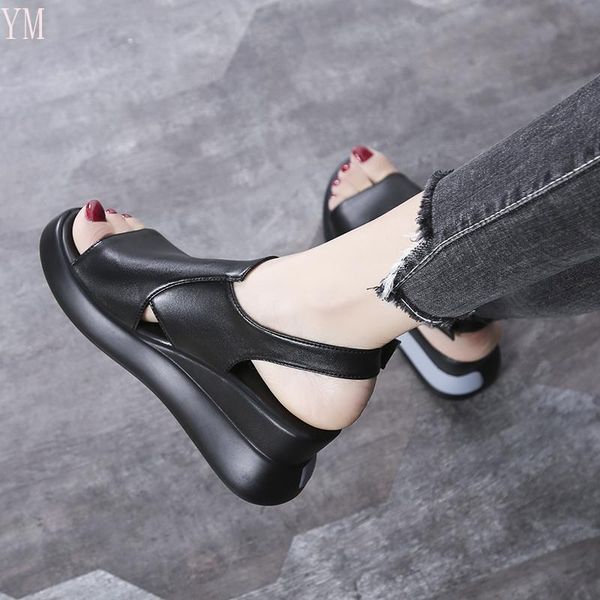 

sandals 2021 women's summer round toe wedge high heel open platform sapatos femininos zapatillas casa mujer, Black