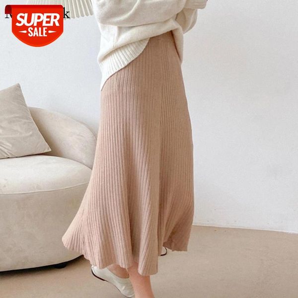 

2021 autumn winter fashion maxi knitted skirt solid mid-calf high waist skirt loose casual pleated a-line skirts womens 11112 #n23g, Black