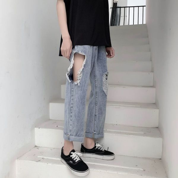 

2021 new summer ripped men's fashion casual straight jeans men streetwear korean loose hip-hop tear hole denim trousers mens -2xl sekn, Blue