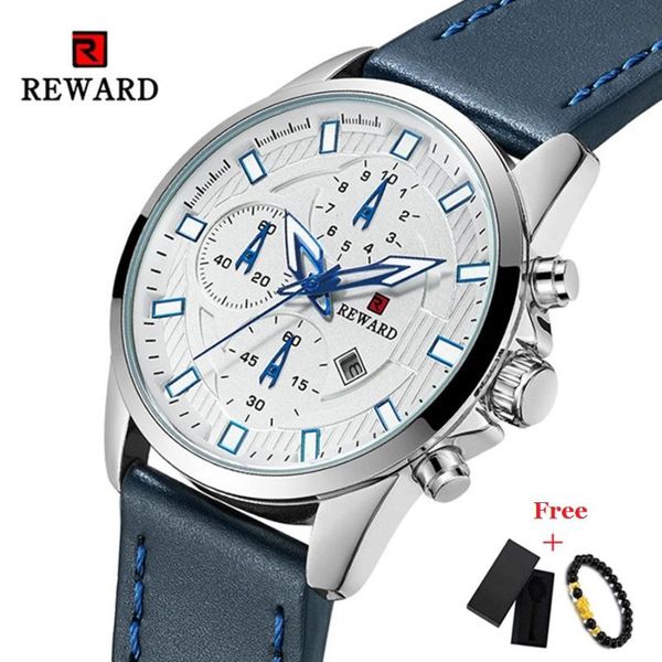 

wristwatches fashion mens watches reward big dial date display man quartz watch leather waterproof sport men 2021, Slivery;brown